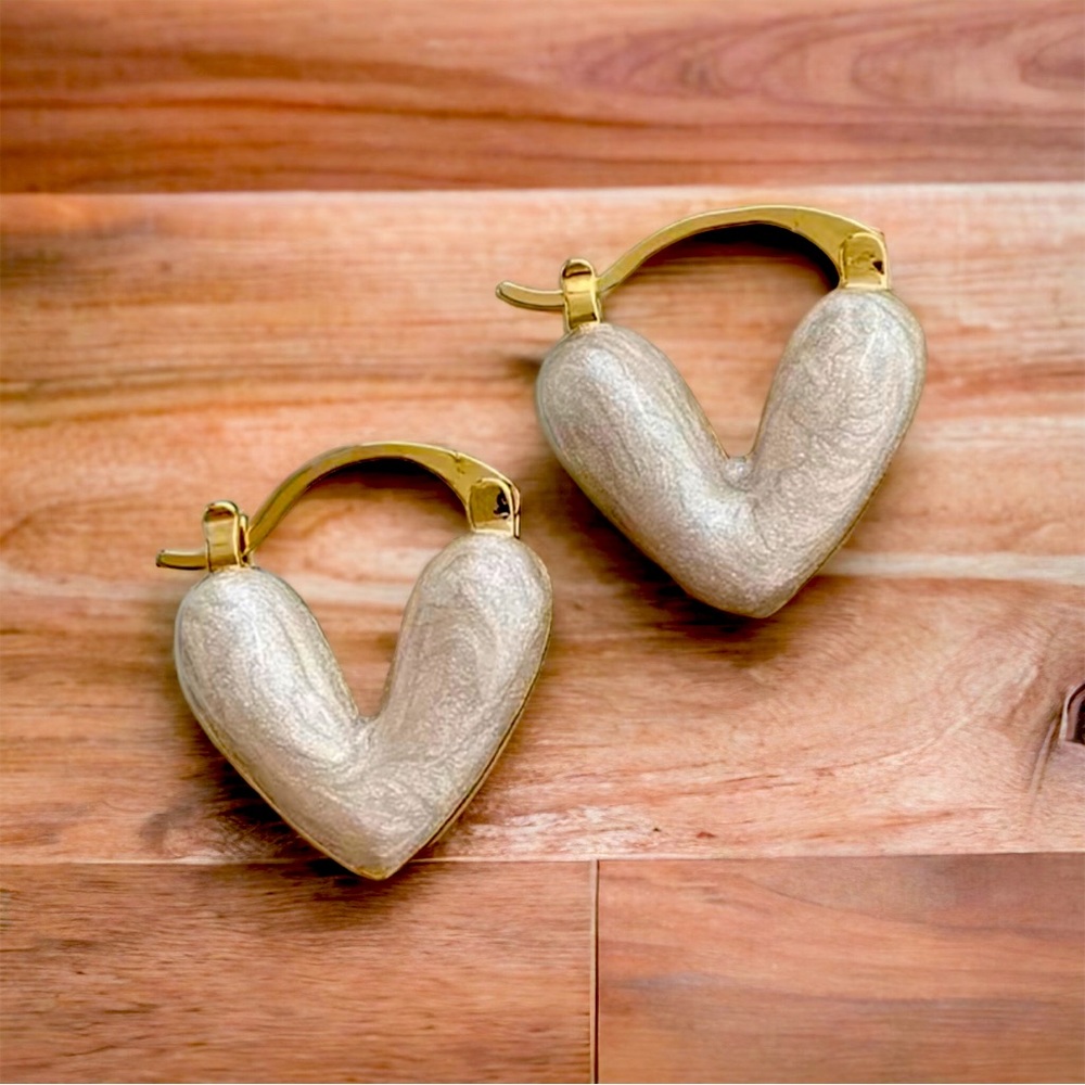 Heart Shape Pearl Like Huggie Hoop Earrings 14k Gold Plated
